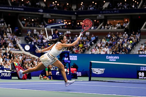US Open Tennis Semifinal 2024: Emma Navarro returns a shot to Aryna Sabalenka